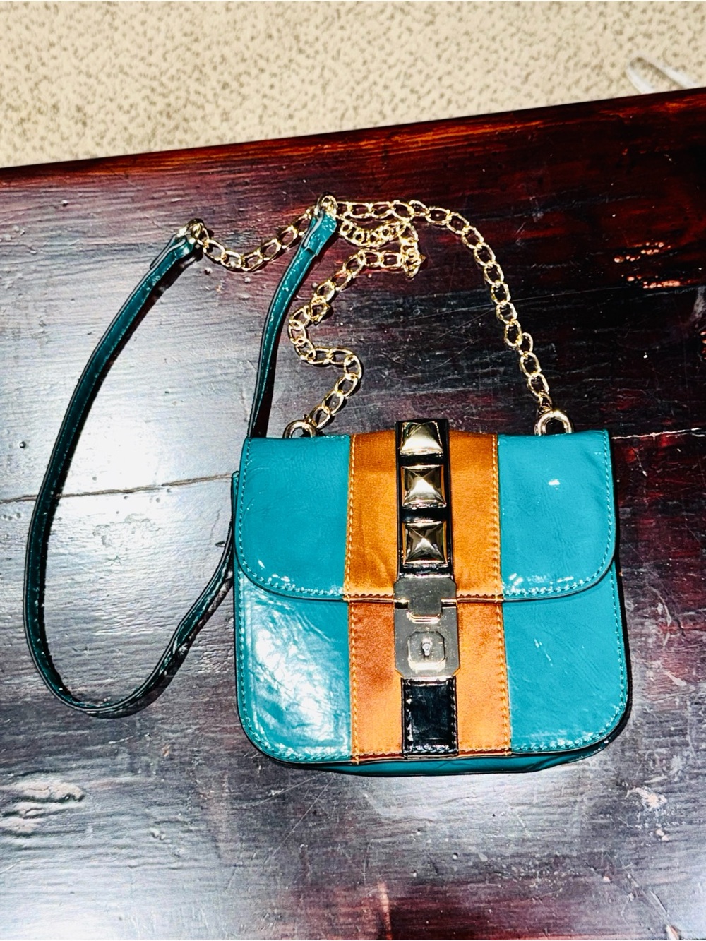 Melie Bianco Teal and Tan Mini Chain Crossbody